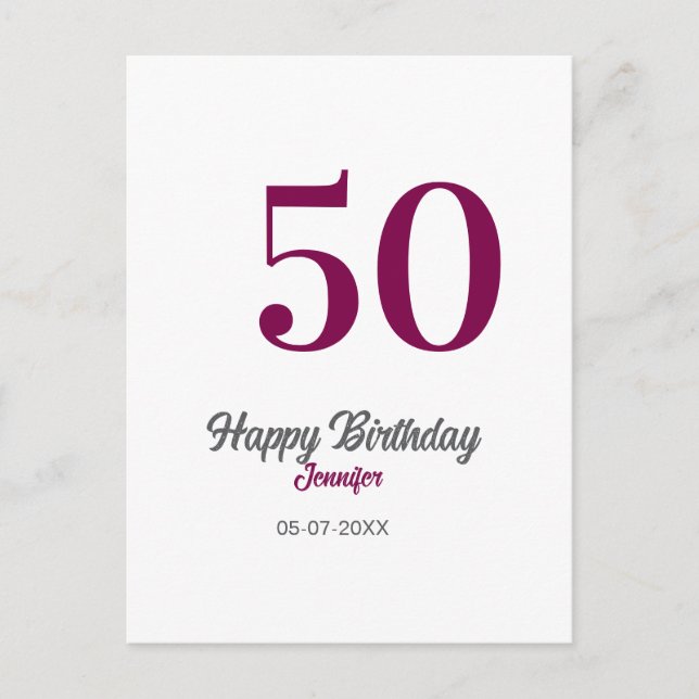 50th birthday add name date year mauve template  postcard (Front)