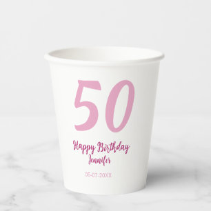 50th birthday add name date year pink red bold paper cups