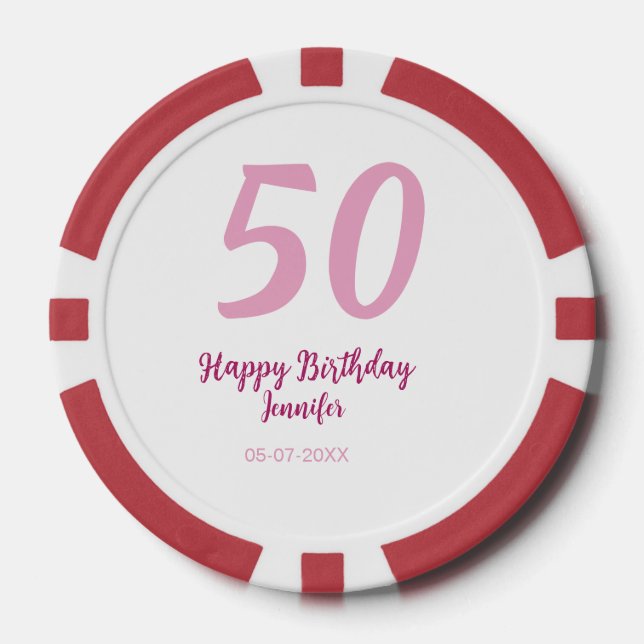 50th birthday add name date year pink red bold poker chips (Front)