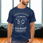 50th Birthday Add Name Legendary Blue Legend T-Shirt<br><div class="desc">For those celebrating their birthday we have the ideal birthday party t-shirt with a vintage feel. The blue background with a white vintage typography design is simple and yet elegant with a retro feel. Easily customize the text using the template provided. See in store for matching birthday gifts and supplies....</div>
