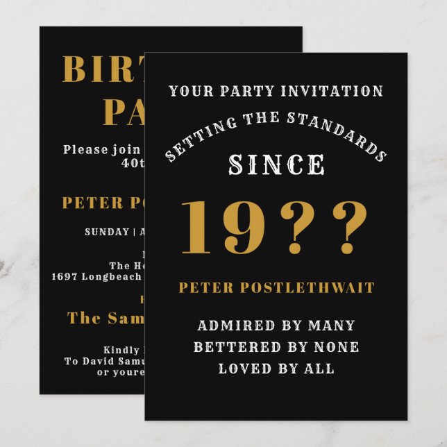 50th Birthday Add Name Year Black Gold For Him Invitation (Front/Back)