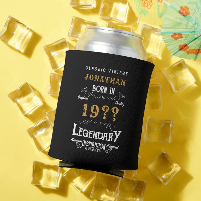 50th Birthday Add Name Year Legendary Black Gold Can Cooler (In Situ Summer)