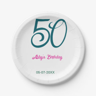50th birthday add name year turquoise pink bold paper plates