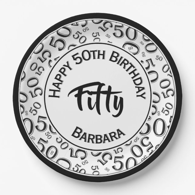 50th Birthday Age Number Pattern Black/White 50 Paper Plates (Front)