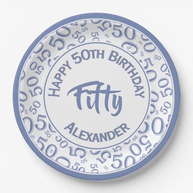 50th Birthday Age Number Pattern Blue/White 50 Paper Plates (Front)