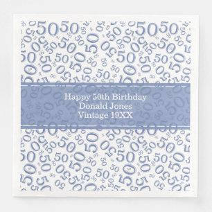 50th Birthday Age Number Pattern Blue/White Paper Dinner Napkins