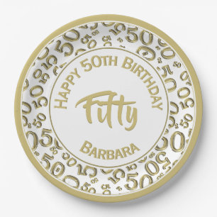 50th Birthday Age Number Pattern Gold/White 50 Paper Plates