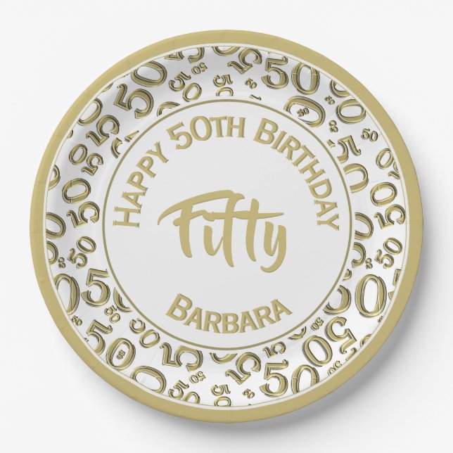 50th Birthday Age Number Pattern Gold/White 50 Paper Plates (Front)