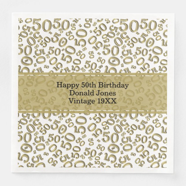 50th Birthday Age Number Pattern Gold/White Paper Dinner Napkins (Front)