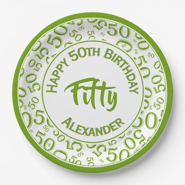 50th Birthday Age Number Pattern Green/White 50 Paper Plates (Front)