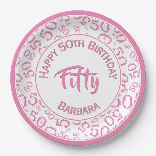 50th Birthday Age Number Pattern Pink/White 50 Paper Plates (Front)