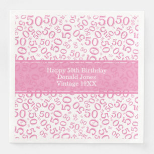 50th Birthday Age Number Pattern Pink/White Paper Dinner Napkins