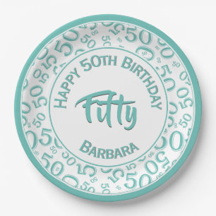 50th Birthday Age Number Pattern Teal/White 50 Paper Plates