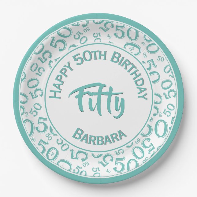 50th Birthday Age Number Pattern Teal/White 50 Paper Plates (Front)