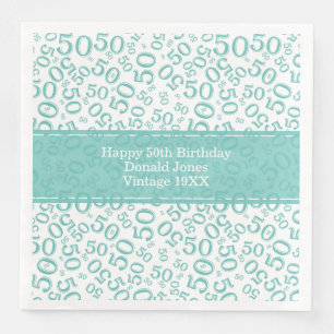 50th Birthday Age Number Pattern Teal/White Paper Dinner Napkins