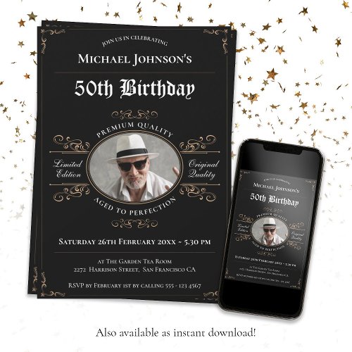 50th Birthday Aged to Perfection Black Gold Classy Invitation