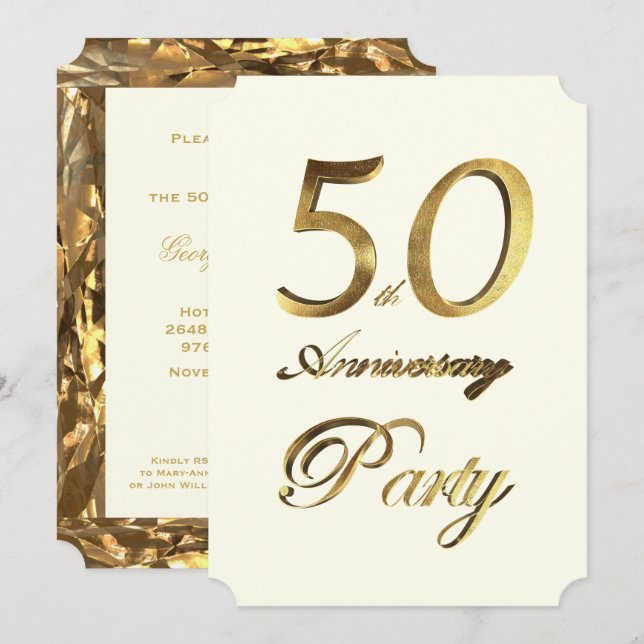 50th Birthday Anniversary Gold Ivory Elegant Invitation (Front/Back)