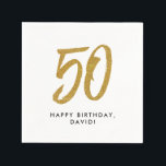 50th birthday anniversary golden personalized napkins<br><div class="desc">Celebrate 50 years with this black and faux gold glitter napkin featuring a large stylized 50 and your custom text. Coordinates with the birthday and anniversary collection by Lea Delaveris Design. Works perfectly for a birthday or anniversary party!</div>