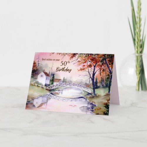 50th Birthday Arched Bridge Watercolor Painting Card