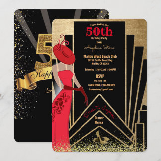 50th Birthday Art Deco Design 1920's Lady in Red I Invitation