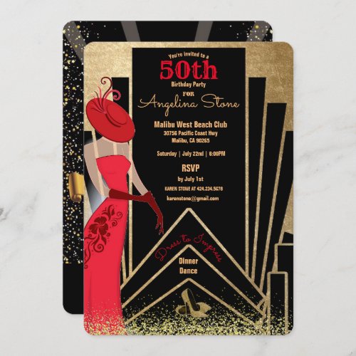 50th Birthday Art Deco Design 1920s Lady in Red I Invitation