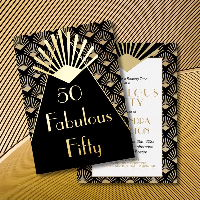 50TH Birthday Art Deco Elegant Black Gold  Foil Invitation (Creator Uploaded)