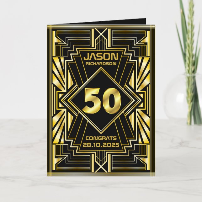 50th Birthday Art Deco Gold Black Card (Front)