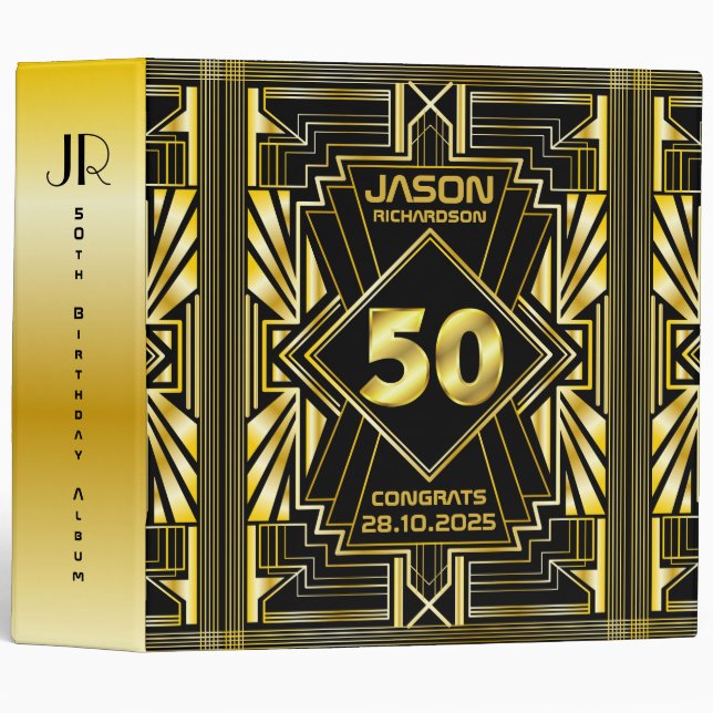50th Birthday Art Deco Gold Black Great Gatsby 3 Ring Binder (Front/Spine)
