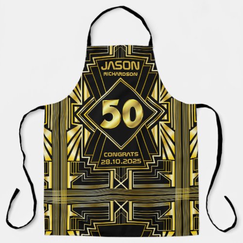 50th Birthday Art Deco Gold Black Great Gatsby Apron