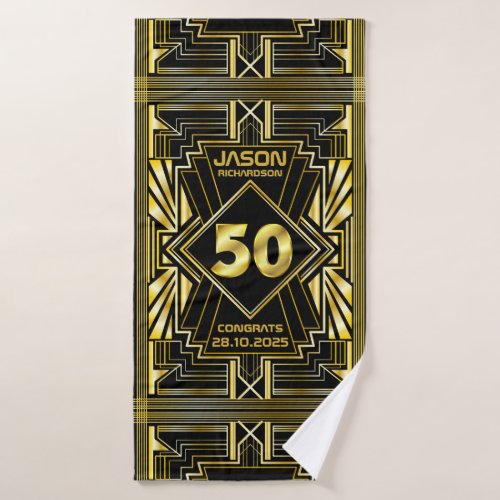 50th Birthday Art Deco Gold Black Great Gatsby Bath Towel