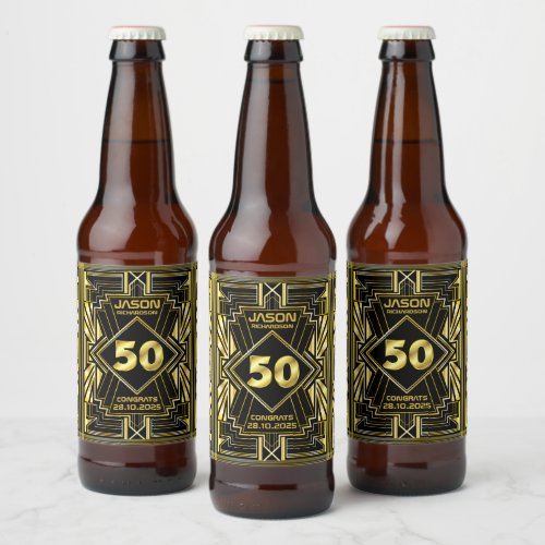 50th Birthday Art Deco Gold Black Great Gatsby Beer Bottle Label