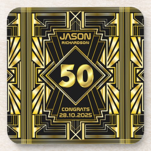50th Birthday Art Deco Gold Black Great Gatsby Beverage Coaster
