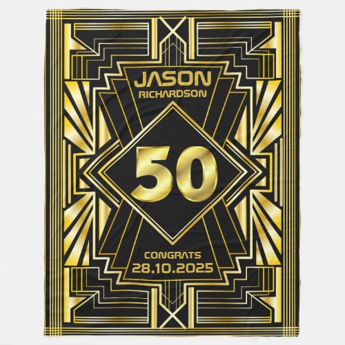50th Birthday Art Deco Gold Black Great Gatsby Fleece Blanket