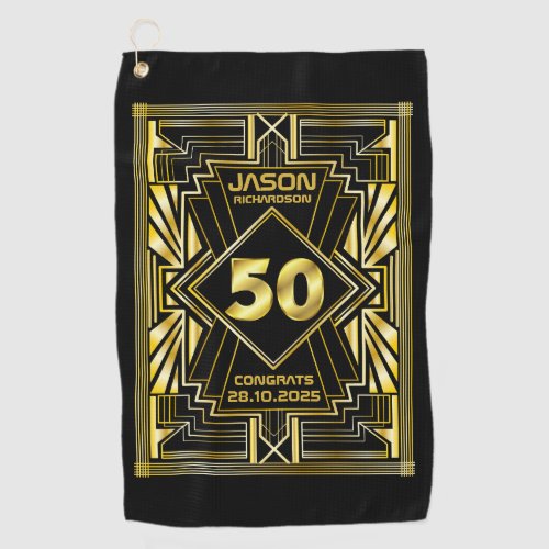 50th Birthday Art Deco Gold Black Great Gatsby Golf Towel