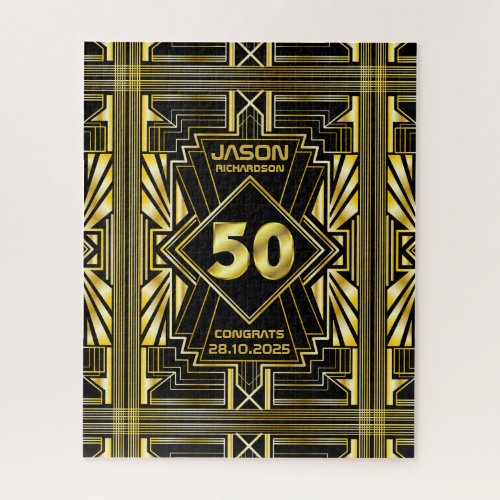 50th Birthday Art Deco Gold Black Great Gatsby Jigsaw Puzzle