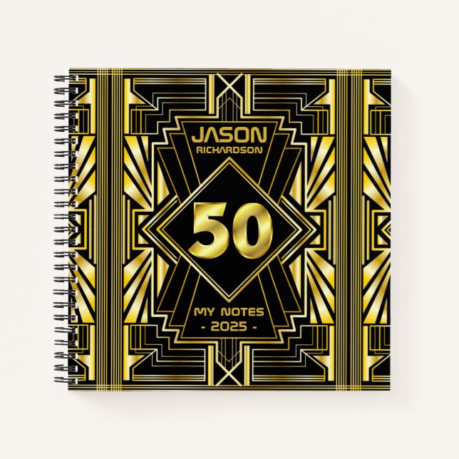50th Birthday Art Deco Gold Black Great Gatsby Notebook (Front)
