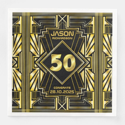 50th Birthday Art Deco Gold Black Great Gatsby Paper Dinner Napkins