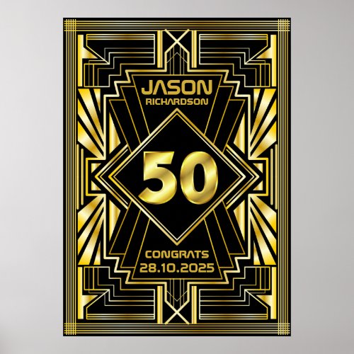50th Birthday Art Deco Gold Black Great Gatsby Poster