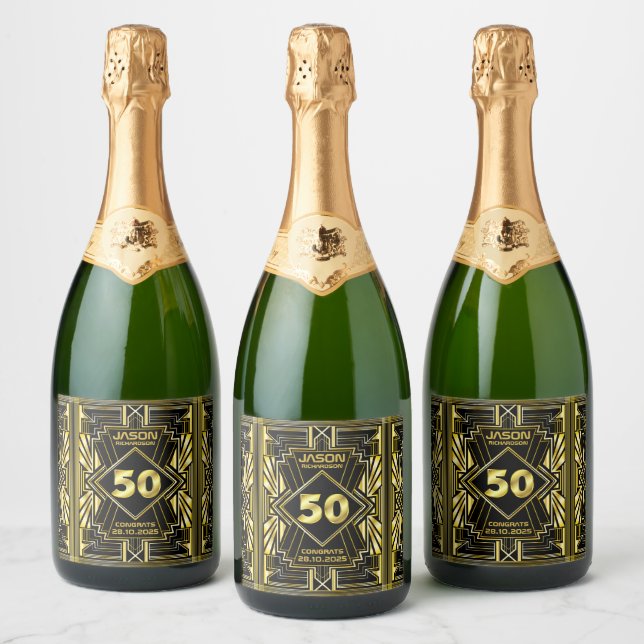50th Birthday Art Deco Gold Black Great Gatsby Sparkling Wine Label (Bottles)