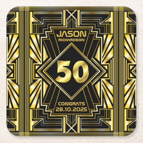 50th Birthday Art Deco Gold Black Great Gatsby Square Paper Coaster