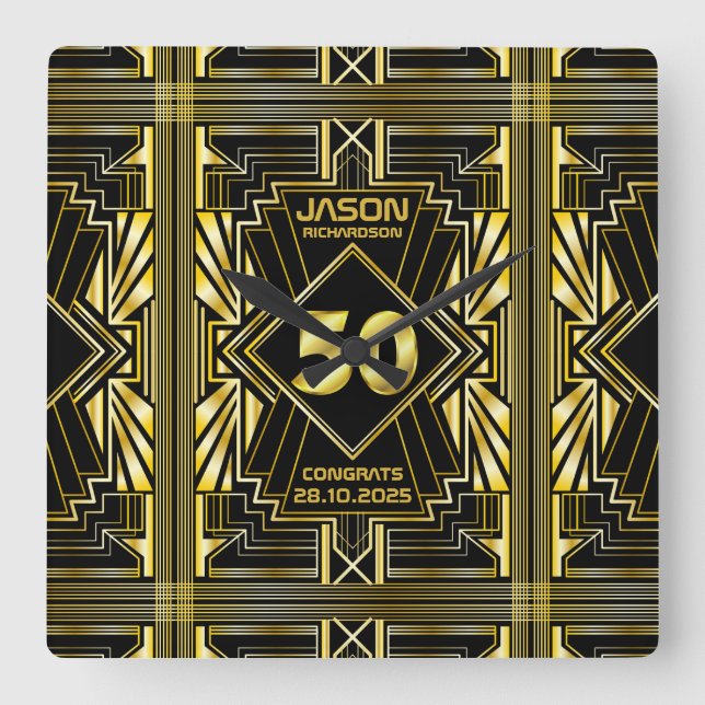 50th Birthday Art Deco Gold Black Great Gatsby Square Wall Clock (Front)
