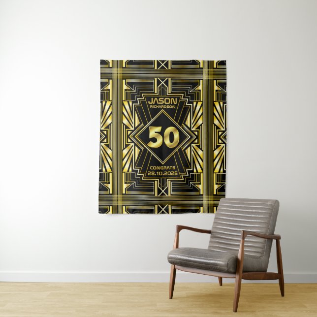 50th Birthday Art Deco Gold Black Great Gatsby Tapestry (In Situ)