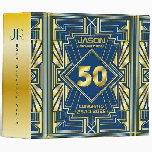 50th Birthday Art Deco Gold Blue Great Gatsby 3 Ring Binder