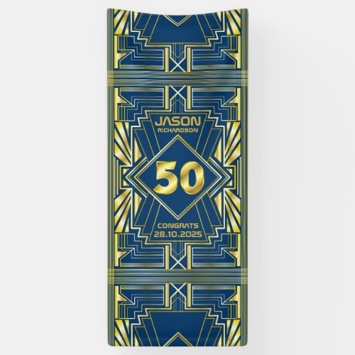 50th Birthday Art Deco Gold Blue Great Gatsby Banner