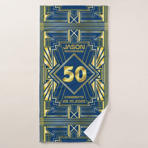 50th Birthday Art Deco Gold Blue Great Gatsby Bath Towel