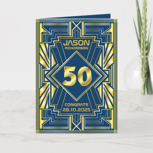 50th Birthday Art Deco Gold Blue Great Gatsby Card