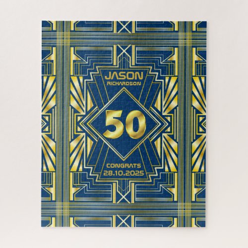 50th Birthday Art Deco Gold Blue Great Gatsby Jigsaw Puzzle