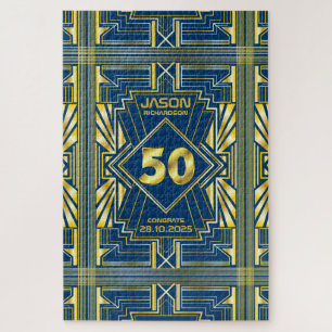 50th Birthday Art Deco Gold Blue Great Gatsby Jigsaw Puzzle