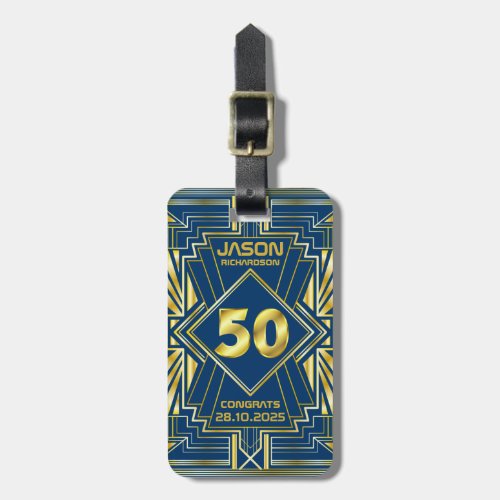 50th Birthday Art Deco Gold Blue Great Gatsby Luggage Tag
