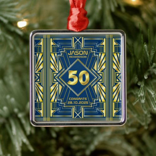 50th Birthday Art Deco Gold Blue Great Gatsby Metal Ornament